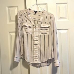 Express Women’s White Pink and Black Striped Long Sleeve Blouse